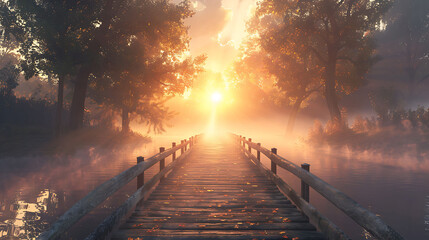 A sunrise over a fog-covered bridge - the allure of the unknown - obrazy, fototapety, plakaty