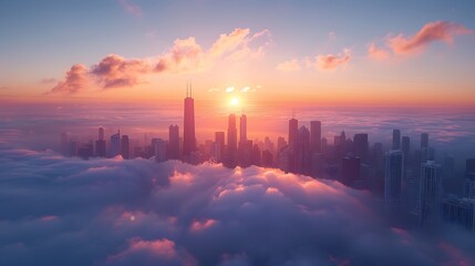 A sunrise over a fog-covered cityscape - urban mystique