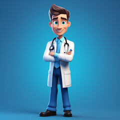 Fototapeta premium Human doctor cartoon character with stethoscope, looking at camera сreated with Generative Ai