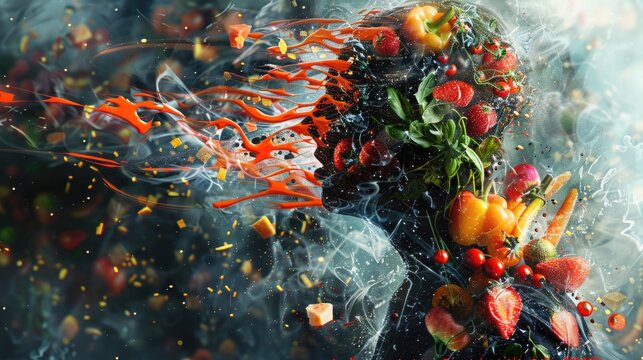 Psychedelic person illustration with food-shaped abstracts hinting at emotions behind eating. Emotional Overeating Awareness Month