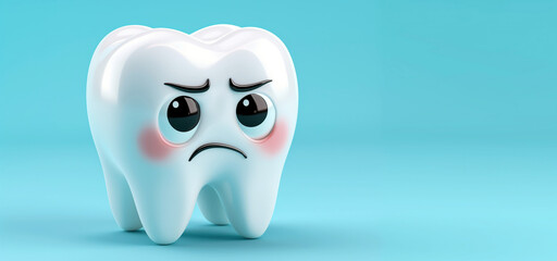 Cartoon character sad painful bad tooth on blue isolated background