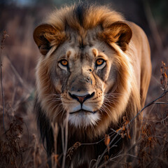 Obraz premium lifestyle photo lion staring at camera from brush.