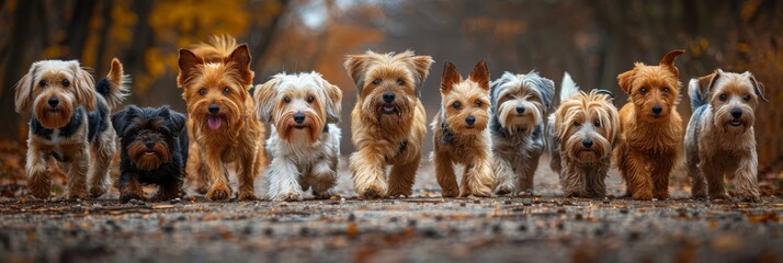 Skilled canine handlers: Diverse breeds enjoying city park strolls - obrazy, fototapety, plakaty
