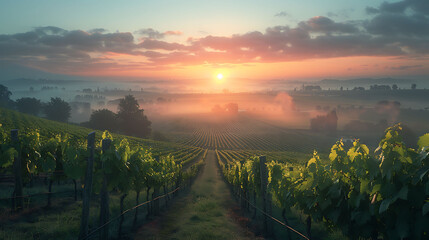 A sunrise over a fog-covered vineyard - the promise of a new vintage - obrazy, fototapety, plakaty