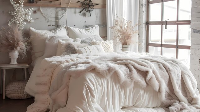 A winter wonderland-themed bedroom with faux fur blankets, snowflake decor, and a neutral color palette.