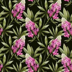 Blooming lupine flowers with green leaves watercolor seamless pattern on dark green background. Realistic botanical drawing of magenta pink lupines for spring and summer prints, fabrics, packaging