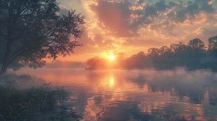 A sunrise over a misty lake - the quiet awakening of nature - obrazy, fototapety, plakaty