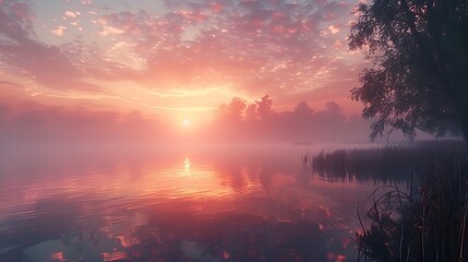 A sunrise over a misty lake - the quiet awakening of nature - obrazy, fototapety, plakaty
