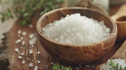 Sea salt in a wooden bowl on a wooden background, close-up - obrazy, fototapety, plakaty