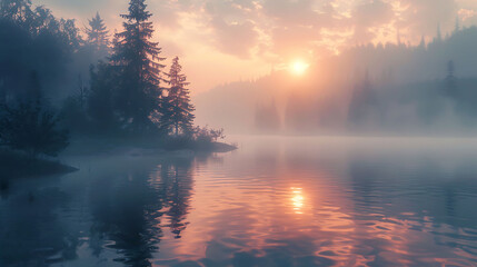 A sunrise over a misty lake - the quiet awakening of nature