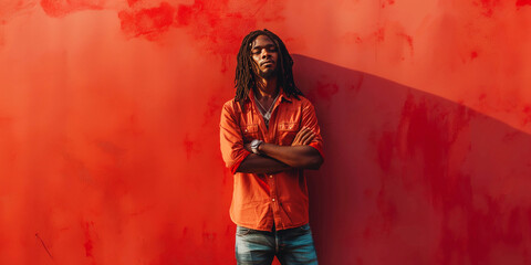photo of a handsome guy with crossed arms, a serious face and dreadlocks against a red wall with...