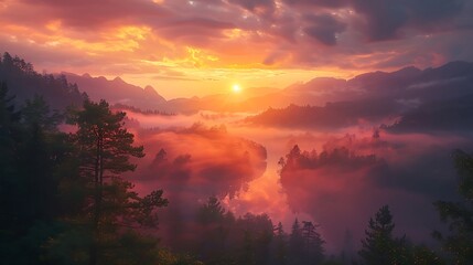 Fototapeta na wymiar A sunrise over a misty valley - the promise of a new beginning