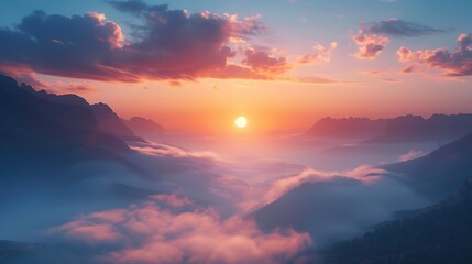 A sunrise over a misty valley - the promise of a new beginning - obrazy, fototapety, plakaty