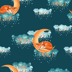 Cute little fox sleeps on the cloud, hand drawn seamless pattern with dark blue background. - 775207207