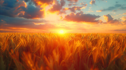 A sunset over a field of wheat - rural tranquility - obrazy, fototapety, plakaty
