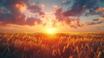 A sunset over a field of wheat - rural tranquility - obrazy, fototapety, plakaty