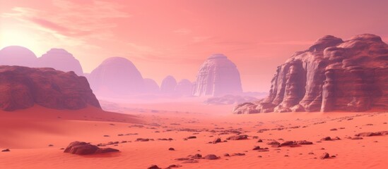 Planet Mars like landscape - Wadi Rum desert in Jordan with red pink sky above - obrazy, fototapety, plakaty
