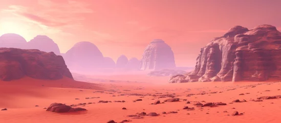 Poster Planet Mars like landscape - Wadi Rum desert in Jordan with red pink sky above © muza