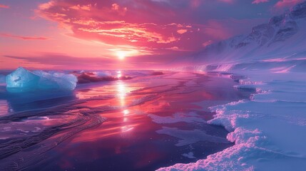 In the embrace of an icy exotic realm, a luna pharma sunset melts over the horizon, transforming the background into a dreamscape. - obrazy, fototapety, plakaty