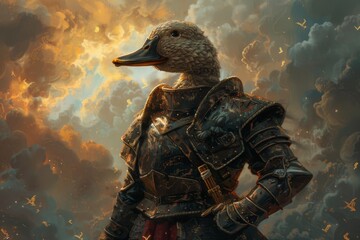 In a world where madness reigns, a duckling knight, full armor gleaming under a surreal sky, confronts invisible foes. Its stance bold, challenging the chaos, - obrazy, fototapety, plakaty