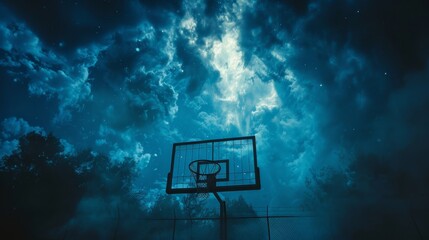 In a twilight saga, a coach confronts nightmares of a break, nebula whispers, under a hoop of plastic dreams. Victory fades, hope glimmers. - obrazy, fototapety, plakaty