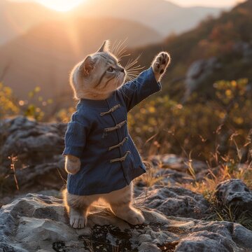 cat wears indigo blue sleeveless qipao is fighting with kung fu in a mountain. Sunrise, soft light.