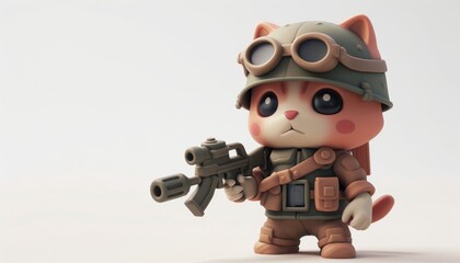 Adorable baby-cat character in 3D, imagined as a mysterious World War 2 soldier.