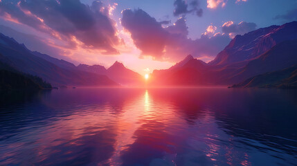 A sunset over a serene mountain lake - mountain tranquility