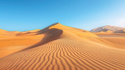Fototapeta na wymiar Vast desert scenery sand dune patterns with detailed textures under clear blue sky and long shadows