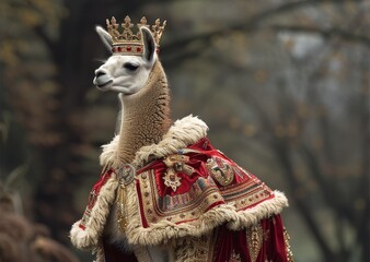 Llama cria, shiny gold, royal crown and cloak, majestically striding but occasionally tripping over its own feet