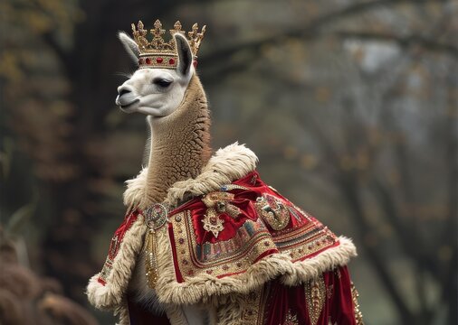 Llama cria, shiny gold, royal crown and cloak, majestically striding but occasionally tripping over its own feet