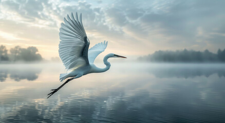Fototapeta premium A white heron gracefully takes off from the water's surface in midflight over an idyllic lake, its wings spread wide and body poised for flight