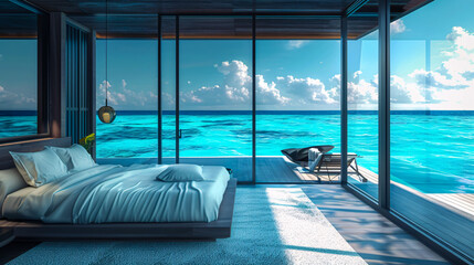 Modern beachfront villa with pool, luxury tropical living, a tranquil oasis under the blue sky