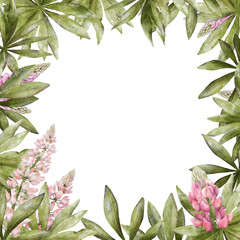 Blue and pink lupine flowers with green leaves wreath watercolor illustration isolated on transparent background. Spring frame with copy space for text for botanical stickers, logo, labels and postcar
