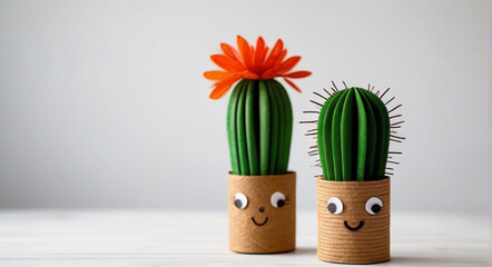 Kids crafts, cute cactuses in pots made of toilet rolls and papers	