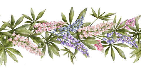 Blue and pink colorful lupine flowers with green leaves seamless border. Seamless watercolor botanical spring pattern