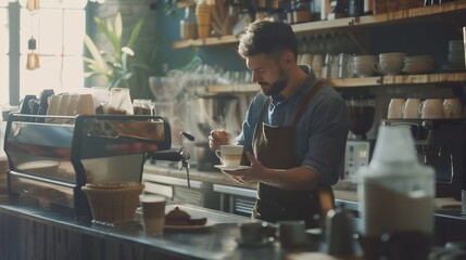Fototapeta premium A bustling coffee shop scene, barista crafting a latte, capturing the coffee culture, great for cafÃ© and lifestyle marketing. 