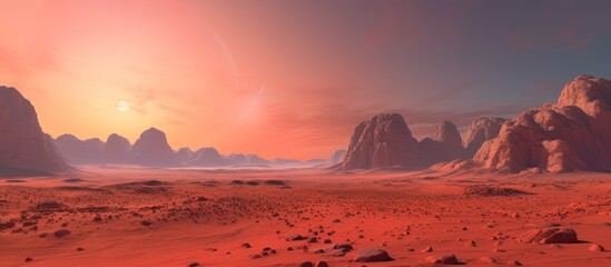 Planet Mars like landscape - Wadi Rum desert in Jordan with red pink sky above - obrazy, fototapety, plakaty