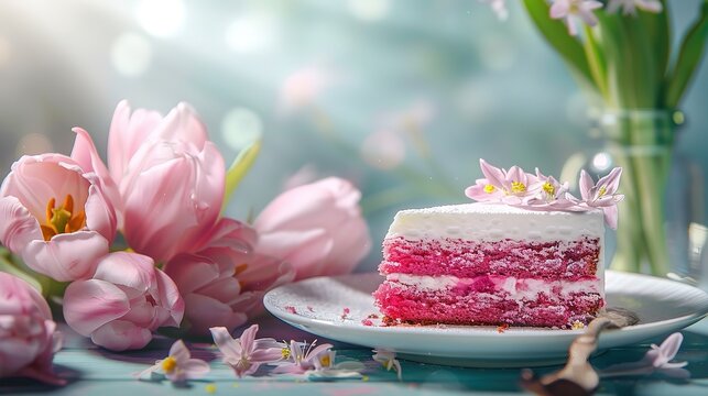 Eyecatching Top view of a delicious cake with icing on top near colorful flower decorations