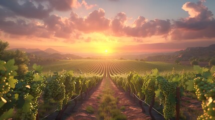 A sunset over a vineyard with rows of grapevines - the beauty of wine country