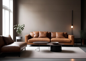 Modern living room mockup with leather sofa, coffee table and empty wall for copy space