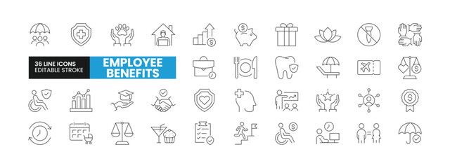 Set of 36 Employee Benefits line icons set. Employee Benefits outline icons with editable stroke collection. Includes Pay Raise, Health Insurance, Teamwork, Paid Vacation, Gender Equality, and More.