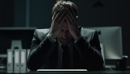 Exhausted stressed businessman, man in formal clothes sitting at office desk and computer, holding head with both hands, working late evening. Burnout at workplace concept. Generative AI