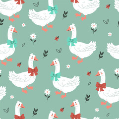 Seamless pattern with geese with bows on their necks. Vector graphics.