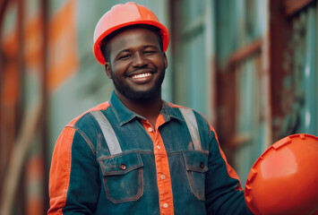 Smiling African American guy in construction clothing with a hard hat. Builder. A dark-skinned man, a construction worker. Good mood at work. - obrazy, fototapety, plakaty