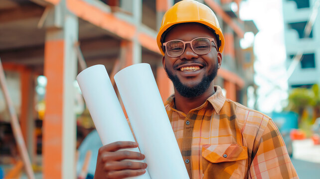 Smiling African American guy in construction clothing with a hard hat. Builder. A dark-skinned man, a construction worker. Good mood at work