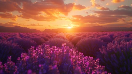 A sunset over rolling fields of lavender - nature's palette