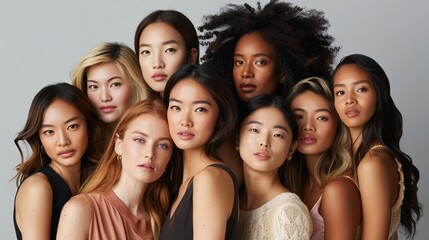 Obraz premium Beauty Portrait of Diverse Group of Women | Posing Together Against Light Grey Background