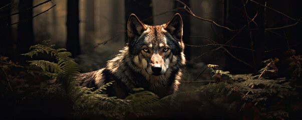 Intense wolf eyes close-up in the dark - obrazy, fototapety, plakaty