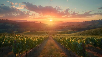 Naklejka premium A sunset over rolling hills and vineyards - the beauty of wine country